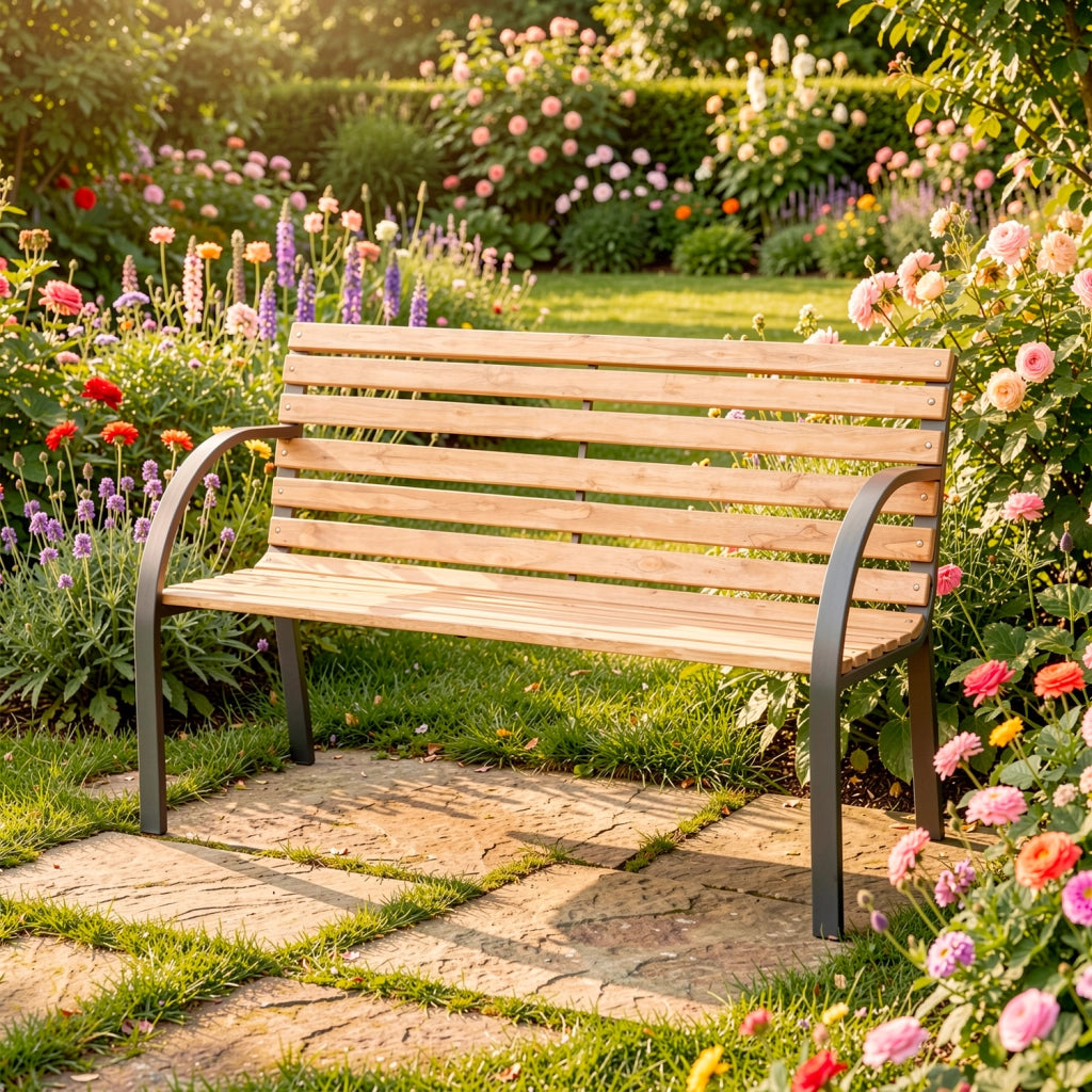 Panchina Da Giardino 2 Posti In Legno Di Abete E Acciaio Verniciato Panca Da Esterno Design Moderno Resistente Con Braccioli Comoda Per Terrazzo Balcone E Giardino 119.5 x 62 x 83 Cm