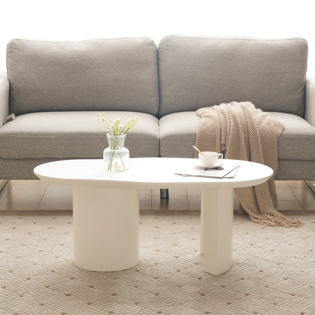 Tavolino basso in MDF laccato bianco con piano irregolare, struttura stabile, per soggiorno, 100 × 40-50 × 40.5 cm