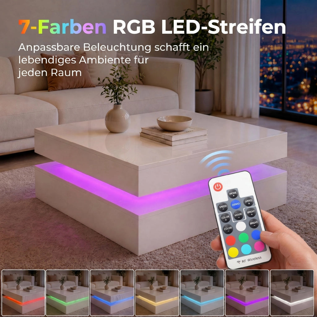 Tavolino da caff¨¨ con LED e cassetto ¨C Xylo ¨C bianco lucido con telecomando