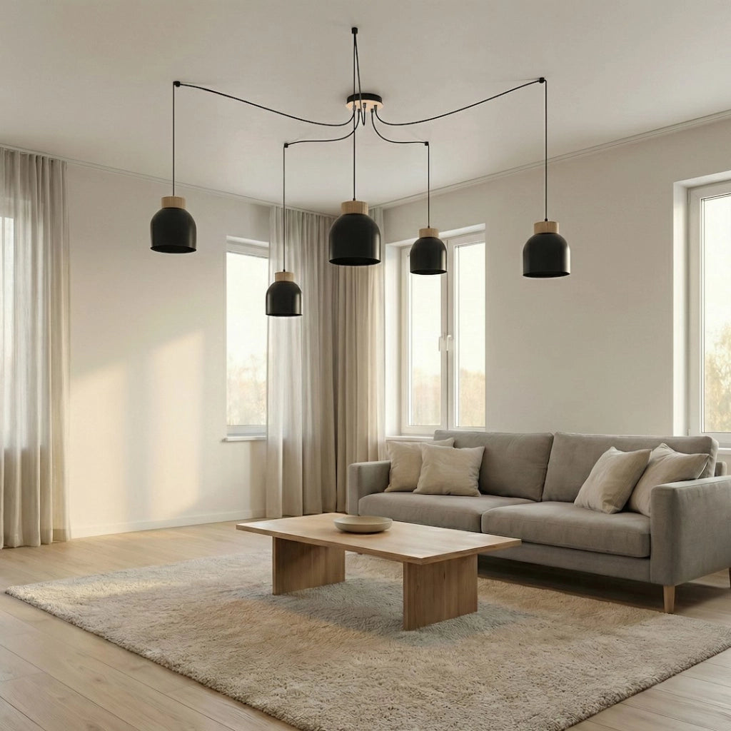 Lampada sospesa a ragno KRU nera legno 5xE27 Emibig