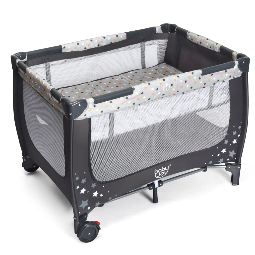 Box portatile per bambini con design pieghevole e 2 ruote, Centro attivit¨¤ resistente e durevole 125x65x76cm Grigio-Culle