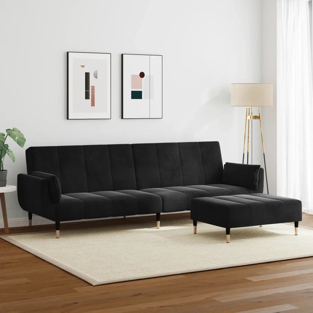 Divano Letto a 2 Posti con Poggiapiedi Nero in Velluto 3258154