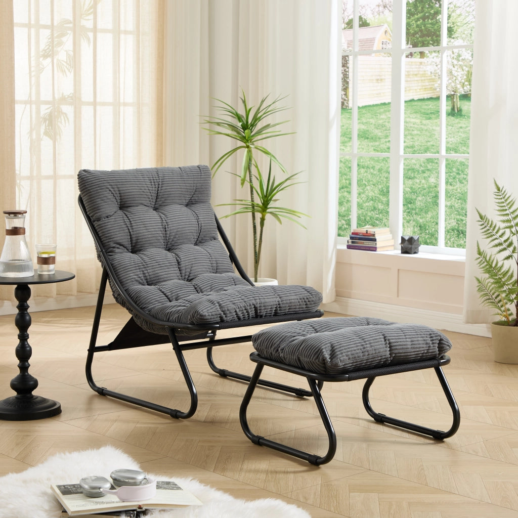 Sedia da patio esterno con pouf poltrona reclinabile comoda con cuscino e poggiapiedi ideale per soggiorno camera da letto sala di lettura telaio nero con cuscino grigio