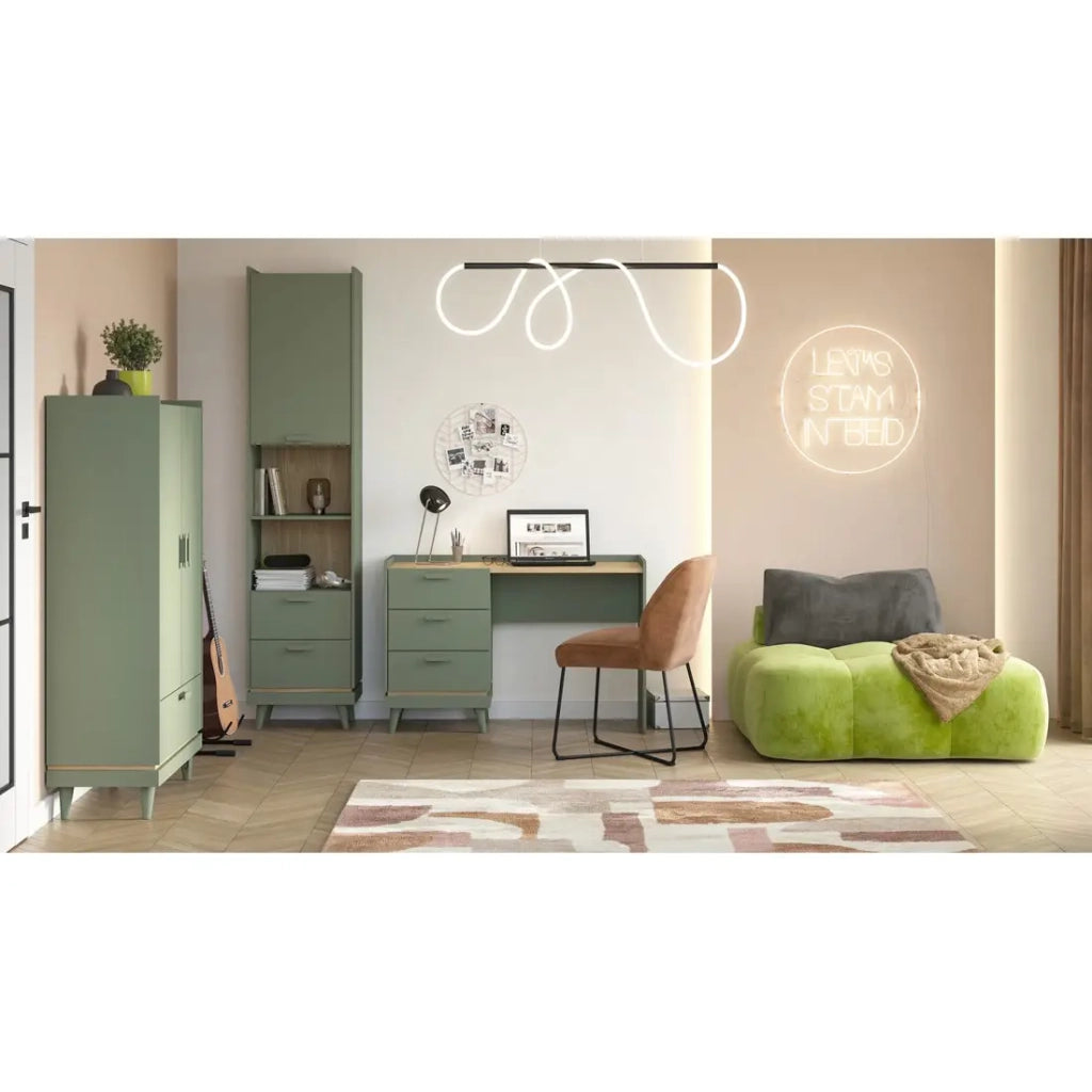 Scrivania stile scandinavo NOKI – 3 cassetti – Verde e legno – 120x80x50 cm