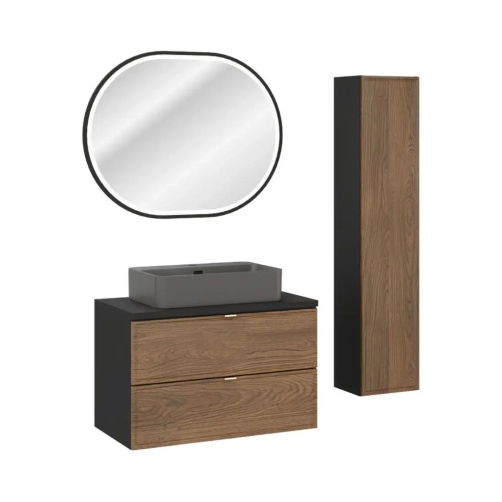 Set SAVIA: mobiletto sottolavabo 80cm + lavabo da appoggio + colonna di storage + specchio LED