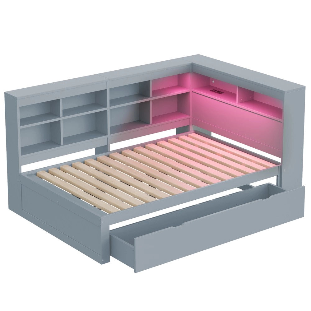 Letto Matrimoniale in Legno Massello con Cassetti e LED ¨C MINIMAL ¨C Grigio 140x200