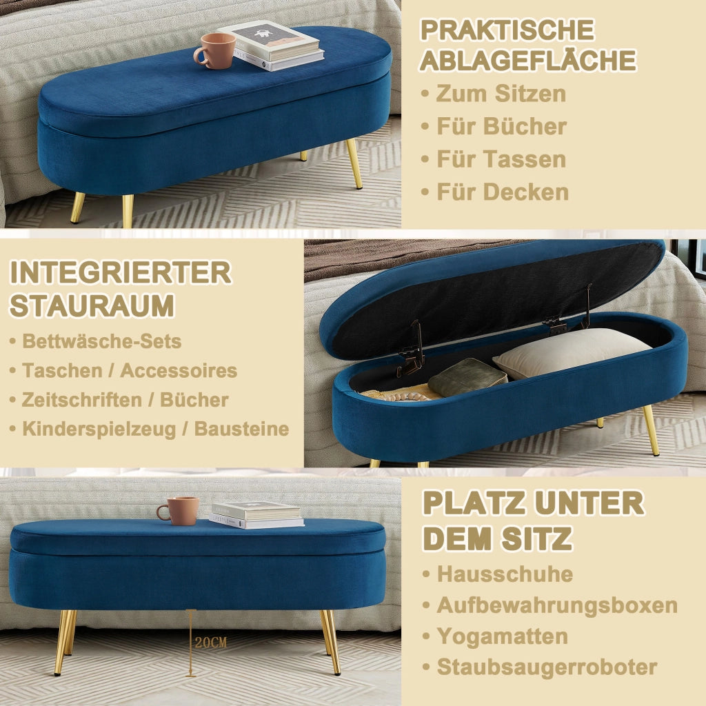 Panca contenitore con Cerniera idraulica e Gambe in metallo in Velluto Blu 111×41.5×24 cm