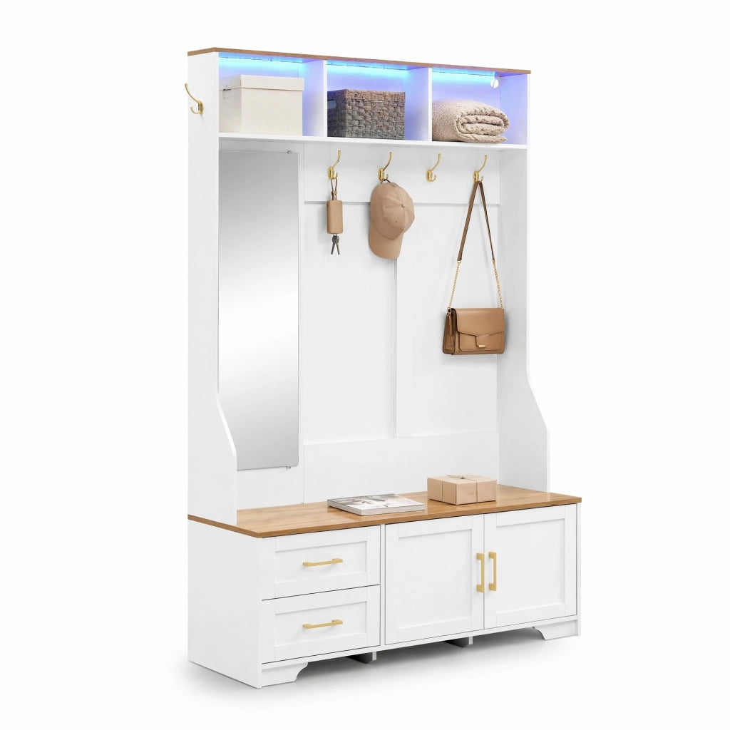 Armadio guardaroba da ingresso con scarpiera, specchio, LED, ganci e cassetti 120x40x187 cm bianco effetto legno