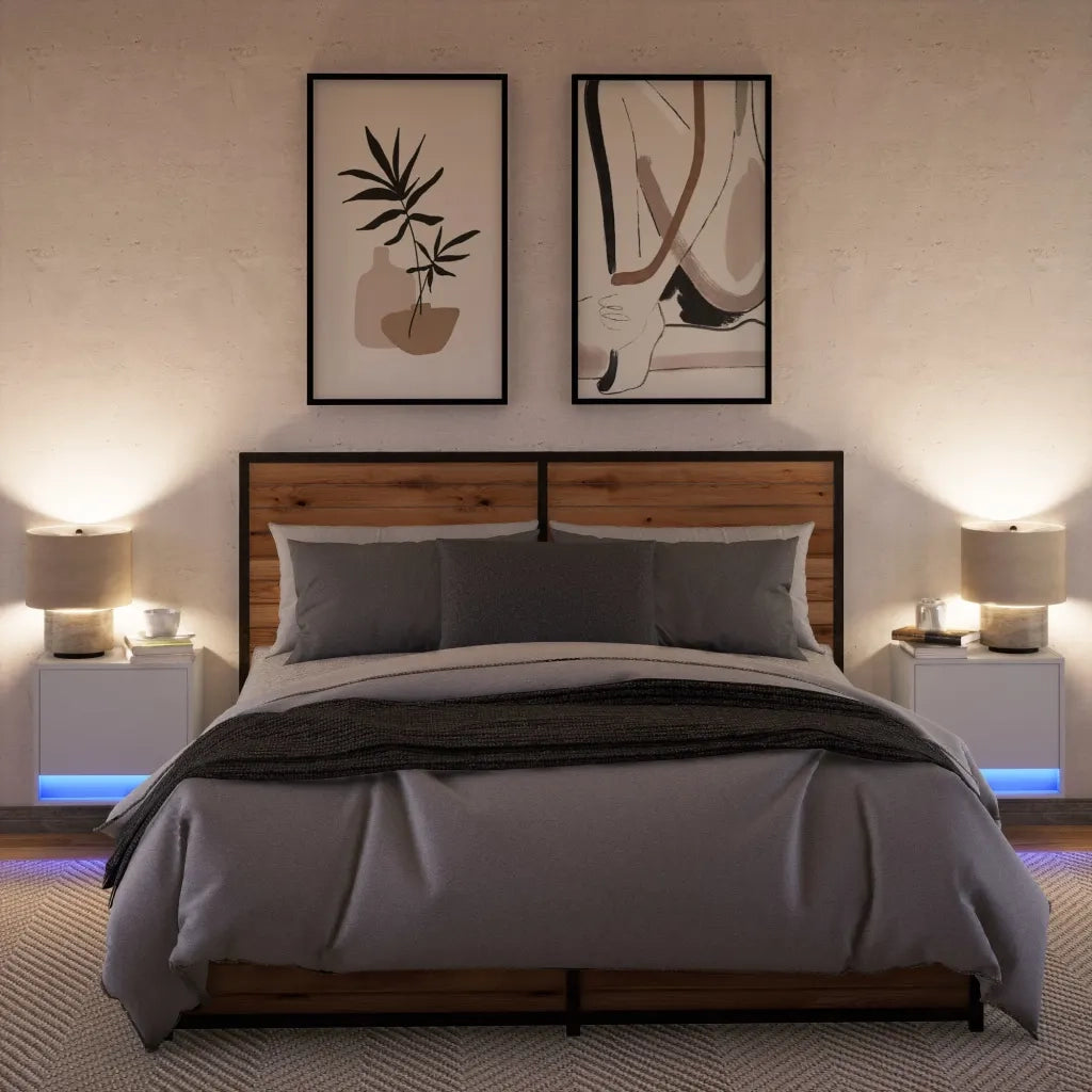 Set di 2 Comodini | Armadio da Notte | Mobiletto da notte a Parete con Luci LED Bianchi
