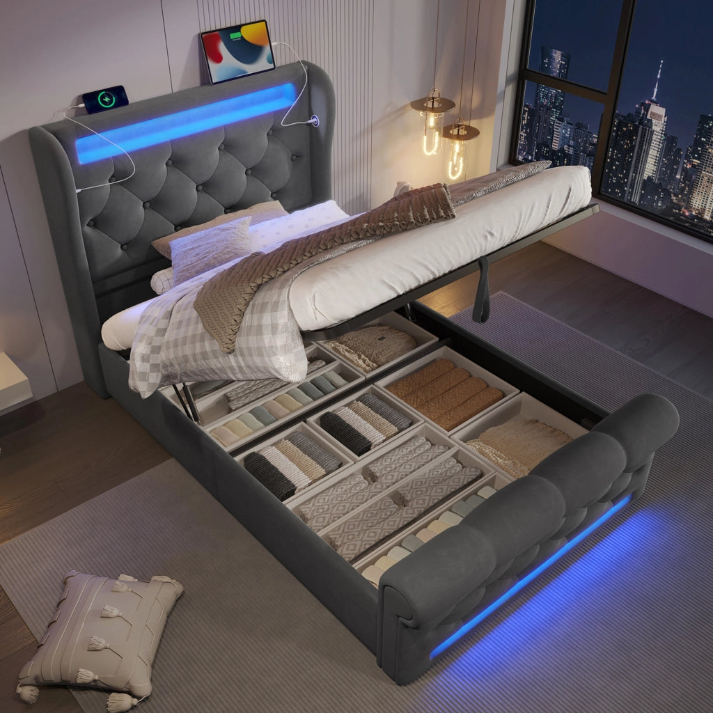 LETTO imbottito contenitore 90x200 cm velluto grigio con LED e USB + Type-C
