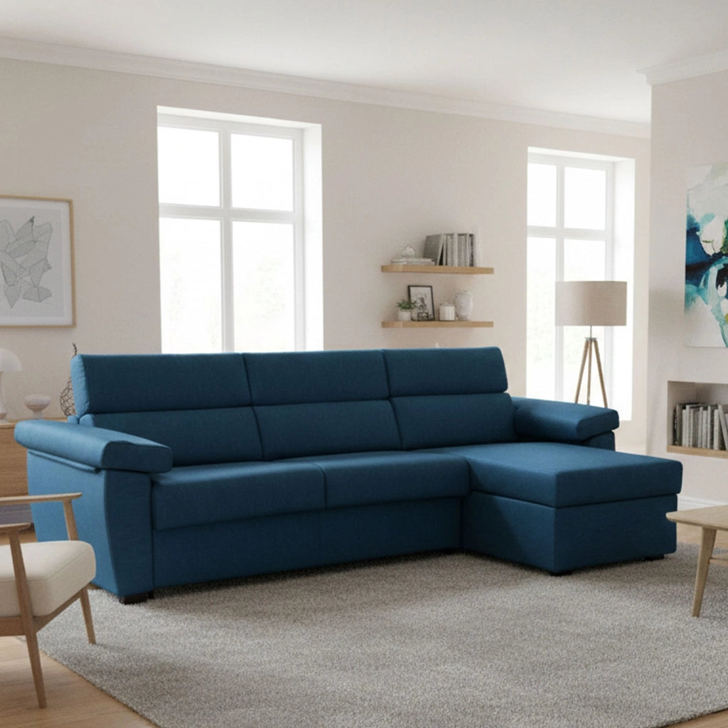 Tolle, Divano Letto con Penisola Sfoderabile Made in Italy, 285x160 cm blu