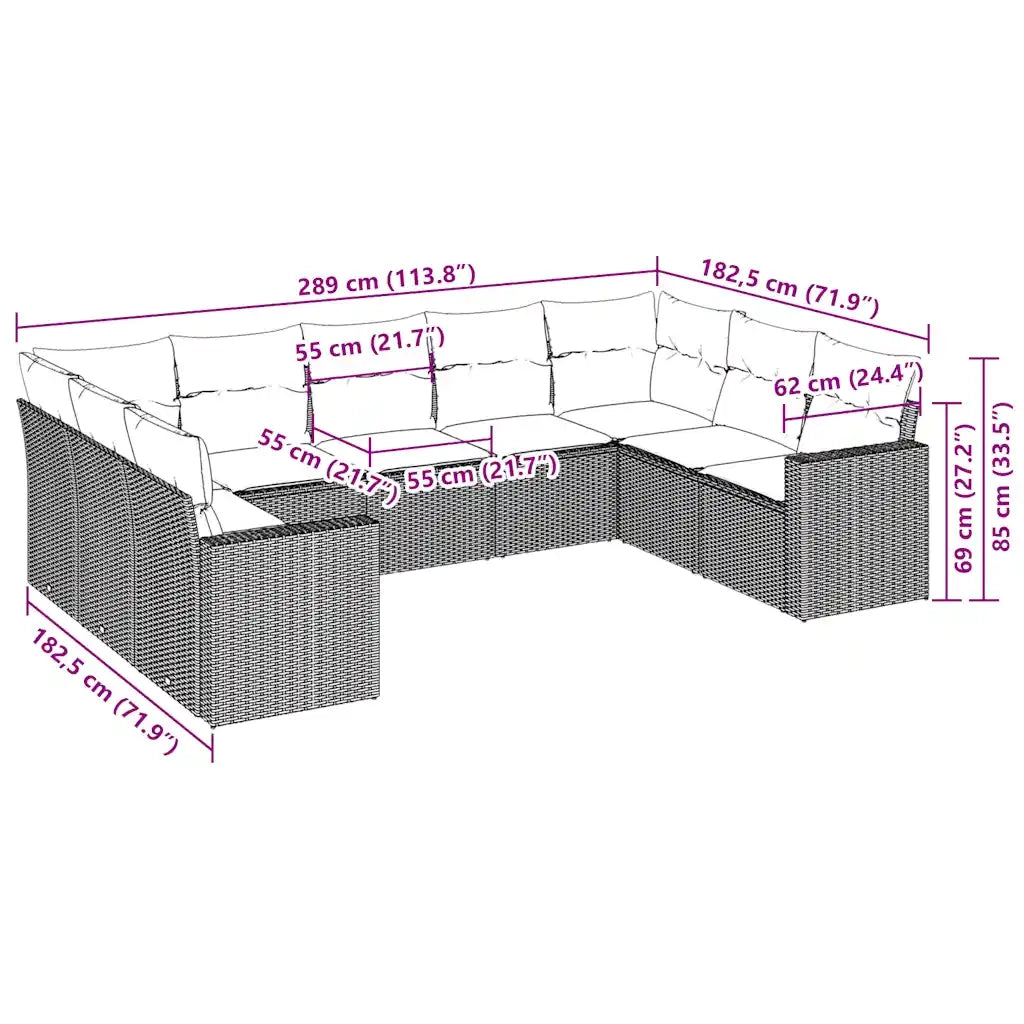 Set Divano da Giardino 9pz con Cuscini Grigio Chiaro Polyrattan