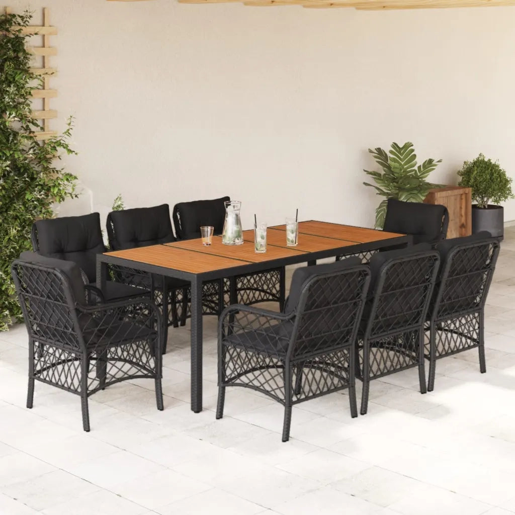 Set da Pranzo da Giardino 9 pz con Cuscini Nero in Polyrattan 3212047
