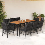 Set da Pranzo da Giardino 9 pz con Cuscini Nero in Polyrattan 3212047