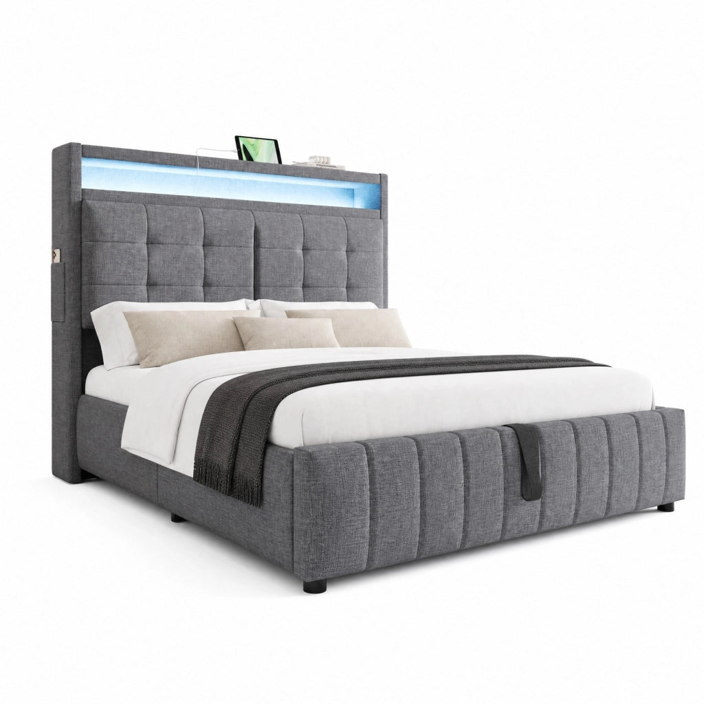 Letto imbottito 140x200 cm con LED, USB e vano contenitore