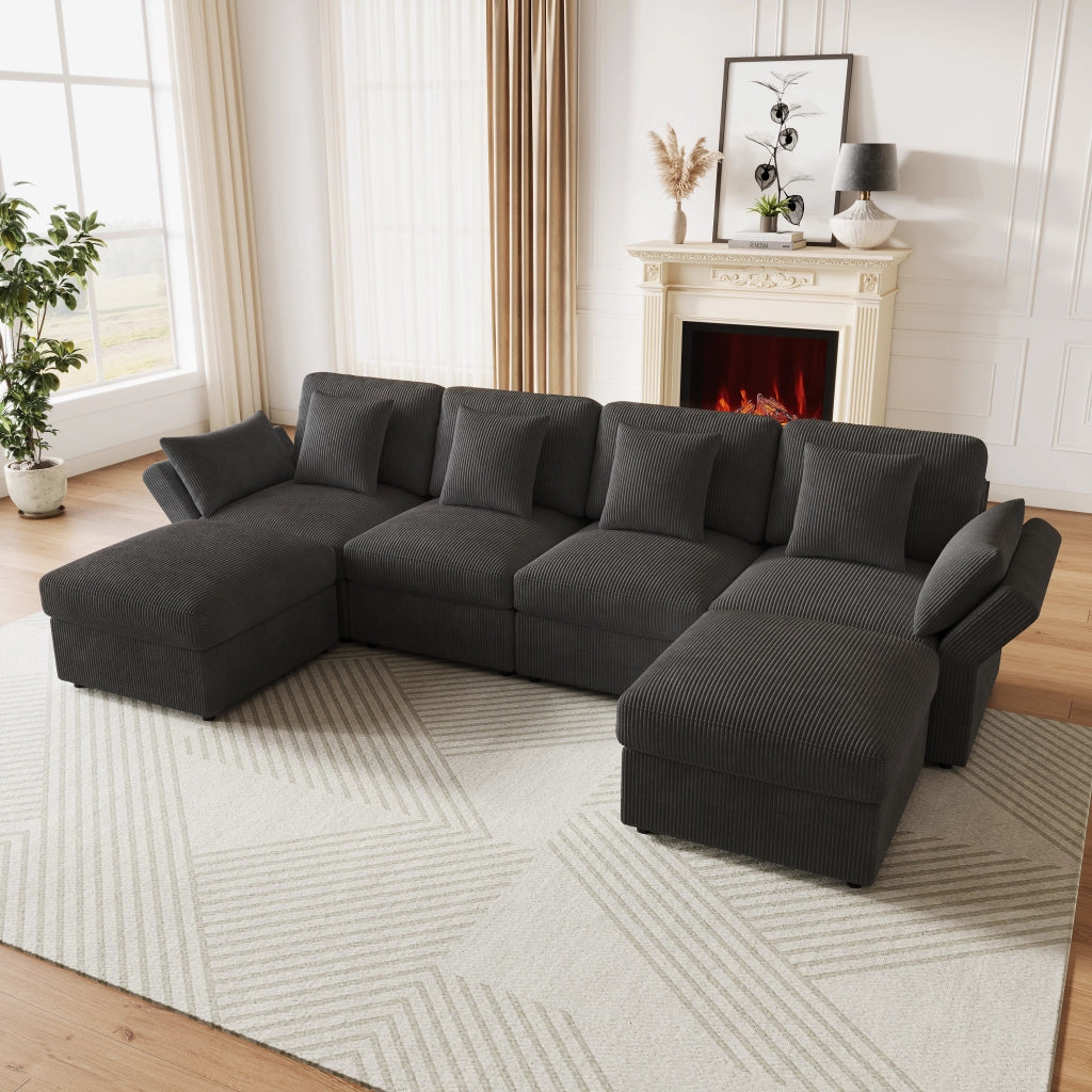 Divano modulare angolare U in corduroy grigio, 4-6 posti, con pouf spostabili e braccioli regolabili