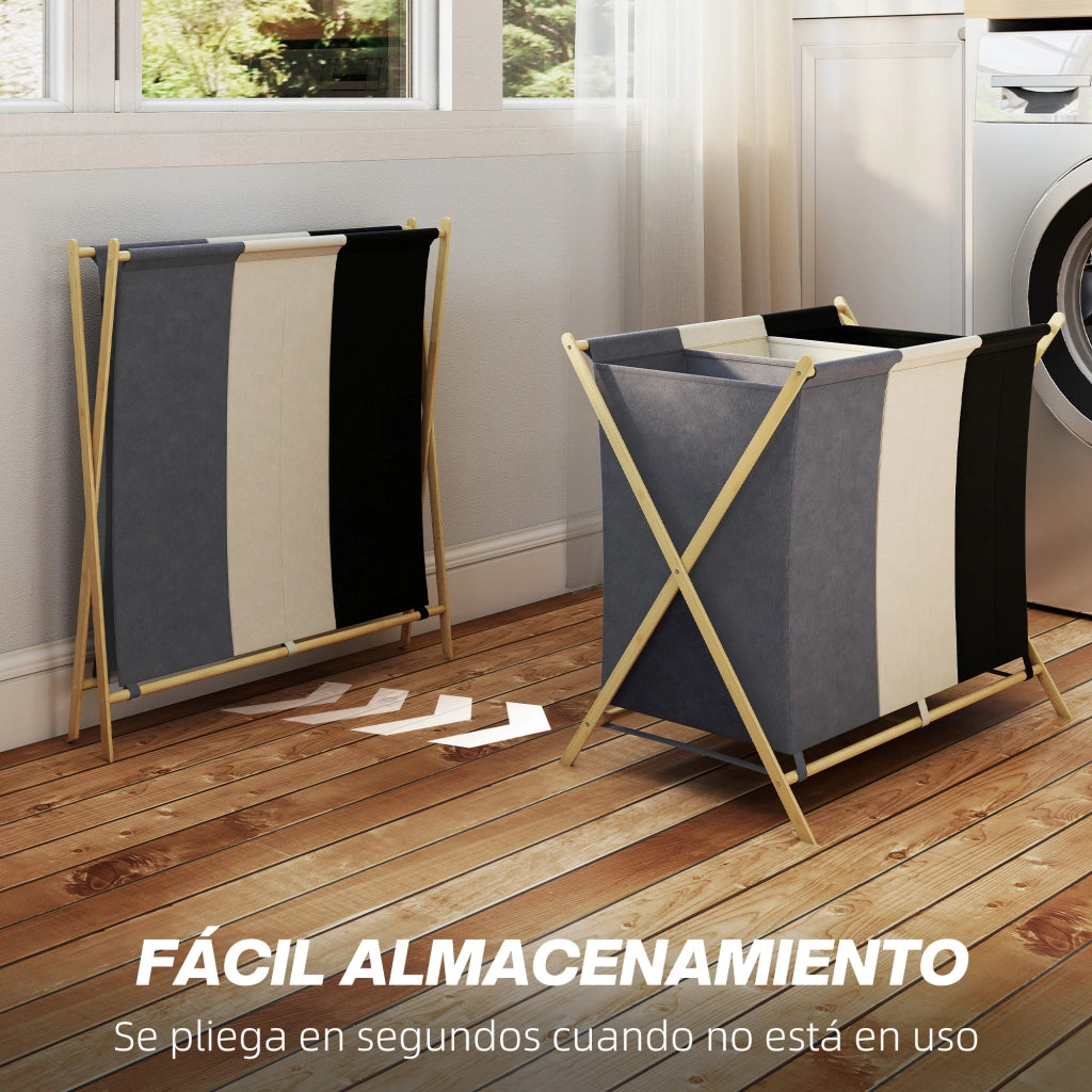 Cestino per Biancheria Pieghevole con 3 Compartimenti ¨C Minimal ¨C Bamb¨´ 129L