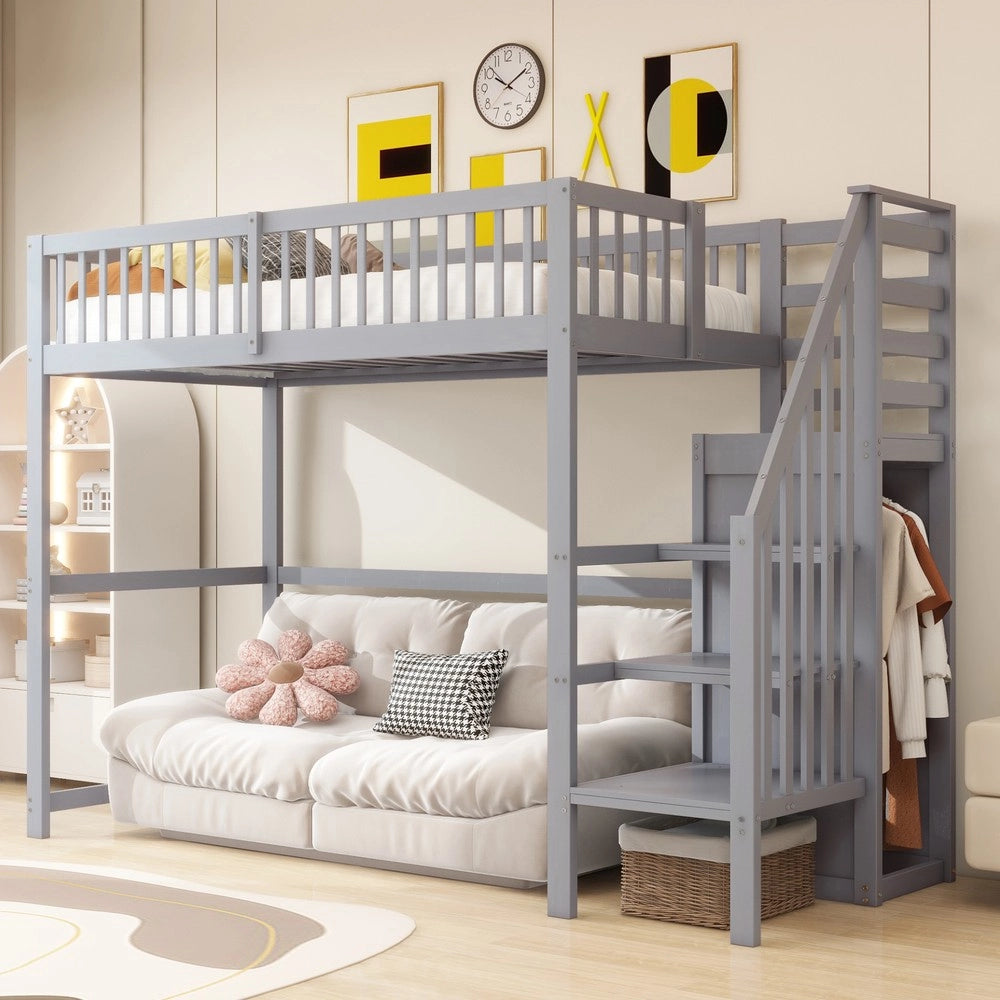 Letto a Soppalco con Scala e Armadio ¨C MINIMAL ¨C Legno Grigio 90x200