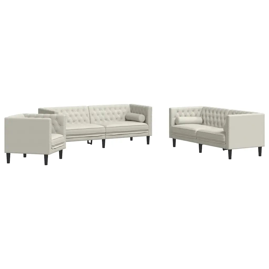 Set Divani Chesterfield 3pz con Cuscini Crema Velluto