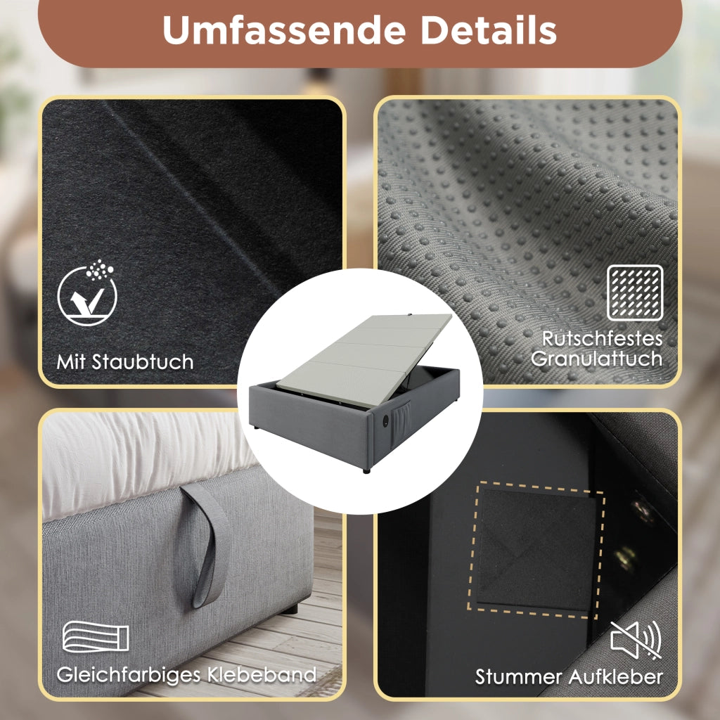 LETTO Contenitore 140x200 cm Grigio in lino con USB e Type-C