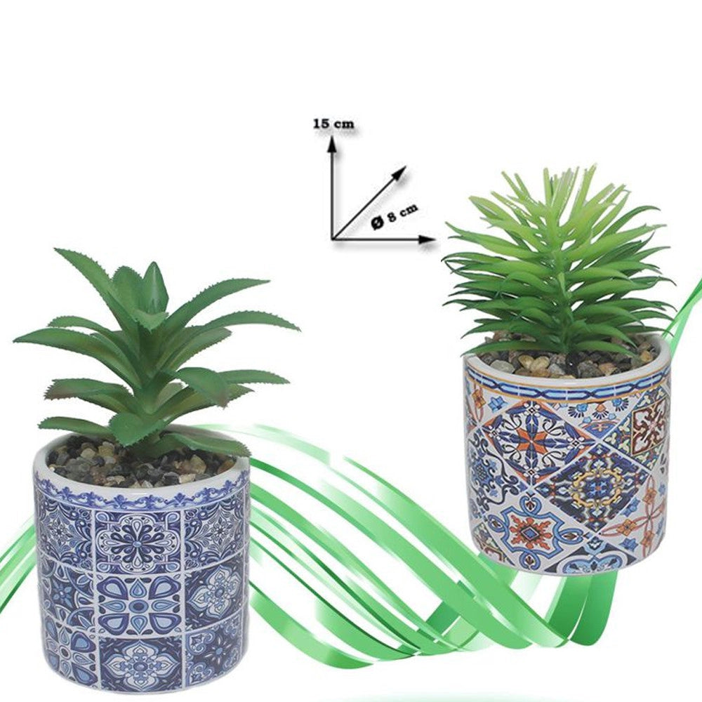 Trade Shop - Vaso In Ceramica Con Piantina Artificiale 15cm Pianta Idea Regalo Bomboniera Blu -