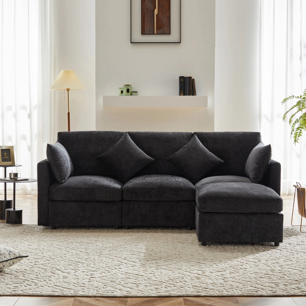 Divano angolare L convertibile in 3 posti - Zephmum- Grigio con cuscini in chenille e pouf mobile