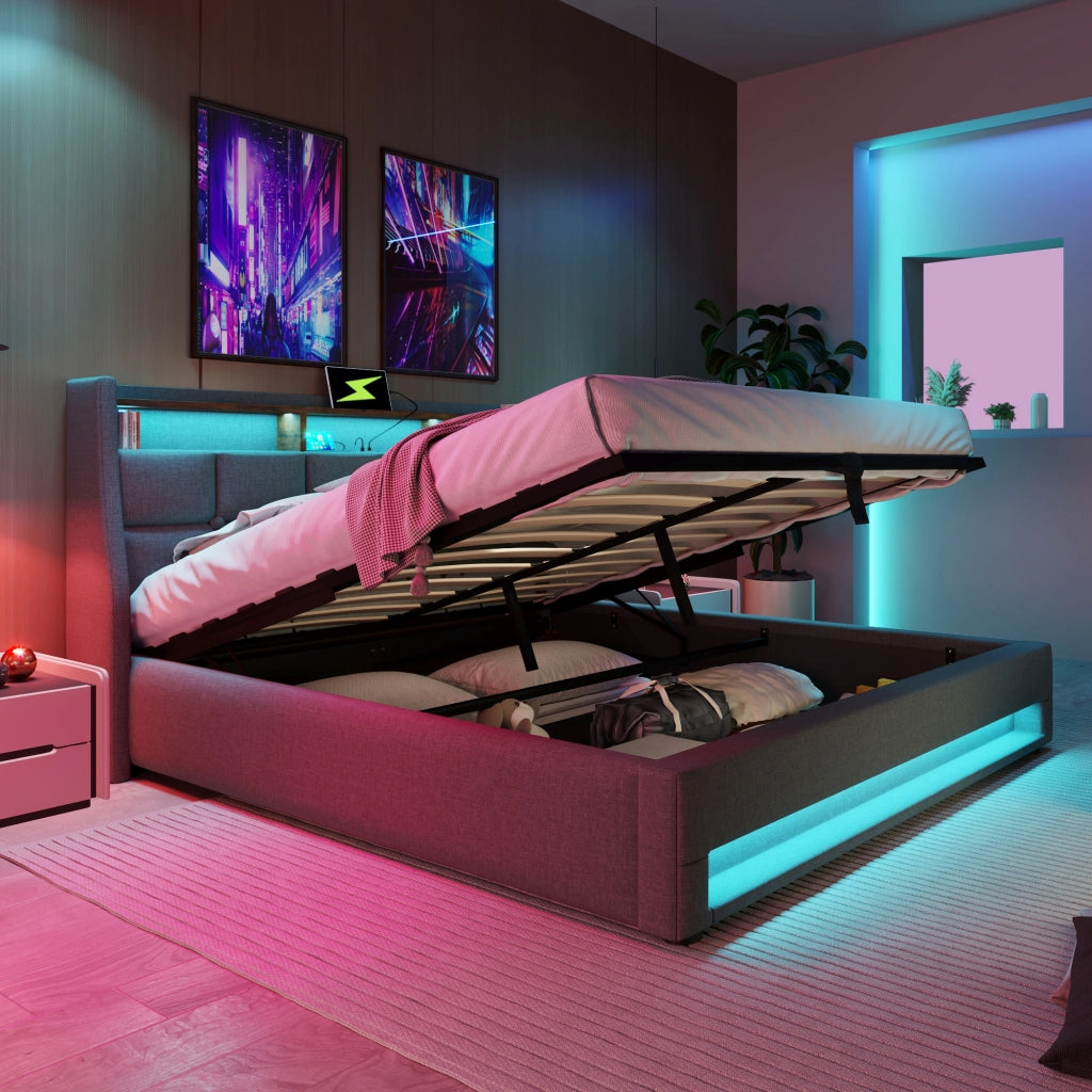 LETTO Contenitore 140x200 cm Grigio in Lino con USB e LED