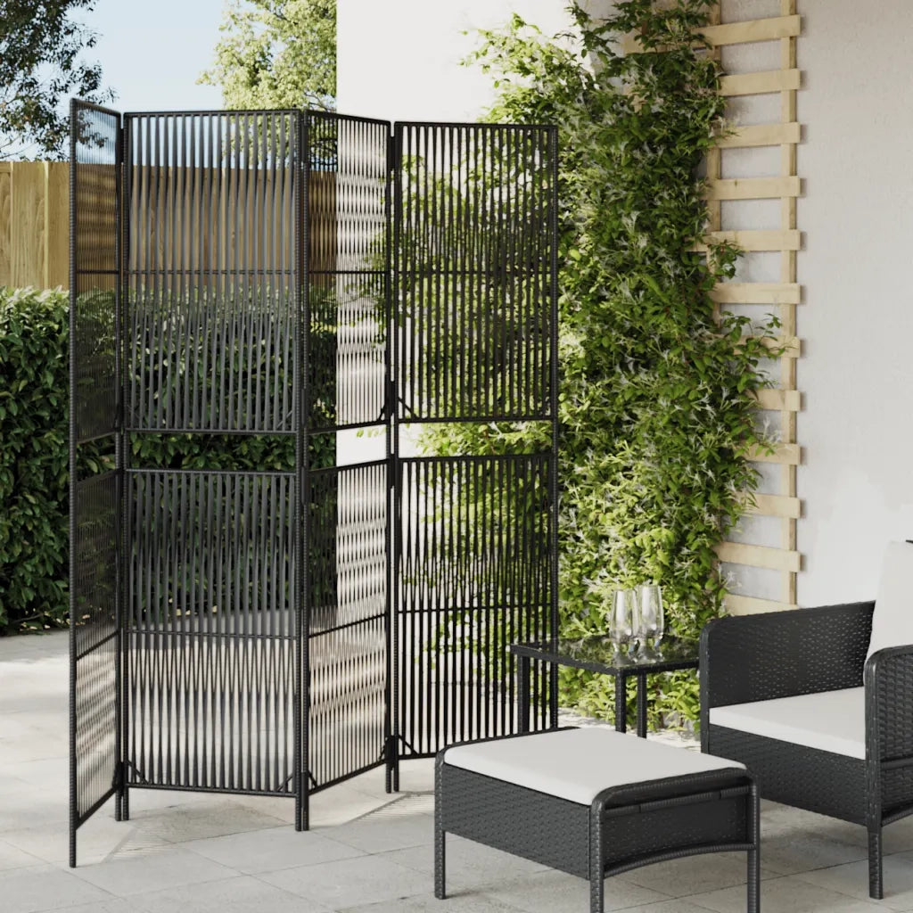 Divisorio per Ambienti | Divider per stanze | Paravento a 4 Pannelli Nero in Polyrattan