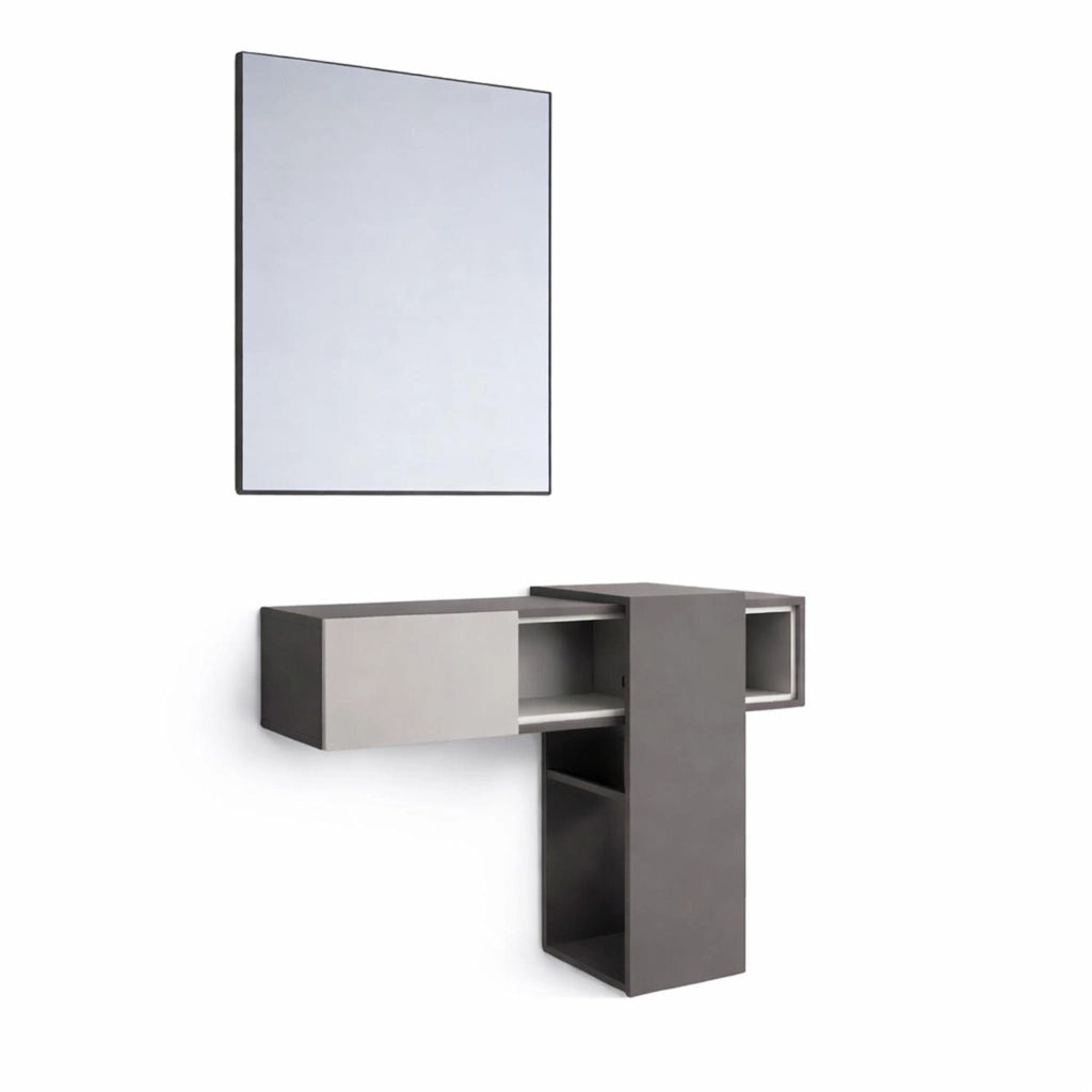 Mobile Da Ingresso Con Ripiani Scorrevoli Mensola Sospesa E Specchio Per Arredo Sala 100 X 31.5 X 75 Cm Grigio Scuro E Grigio Chiaro
