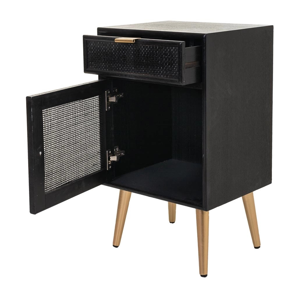 Comodino in legno laccato nero e rete 42x36,5x71