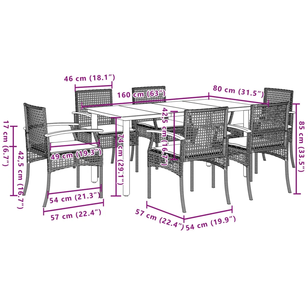 Set da Pranzo da Giardino 7 pz Nero con Cuscini in Polyrattan 3213607