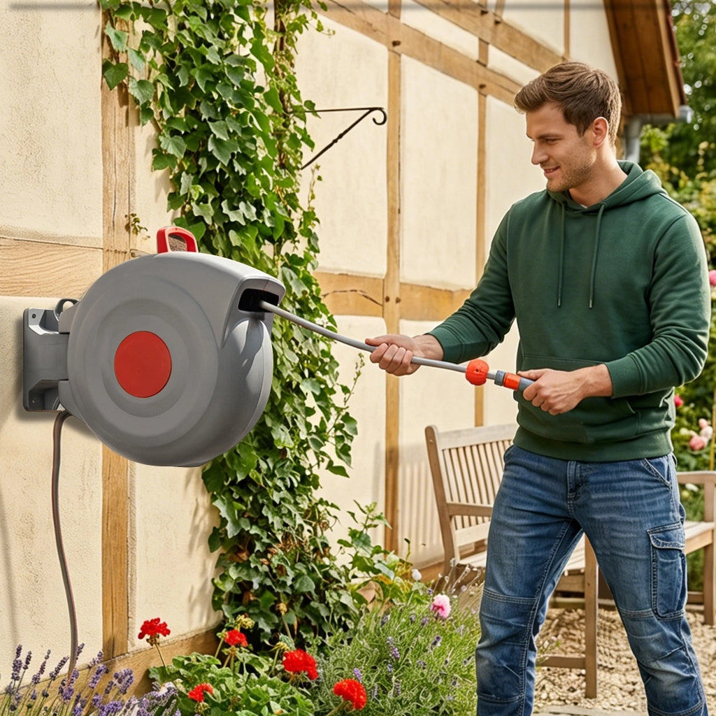Avvolgitubo da Giardino 30m con Testa Spray 9 Funzioni ¨C MINIMAL ¨C Parete, Antirugine, Resistente UV