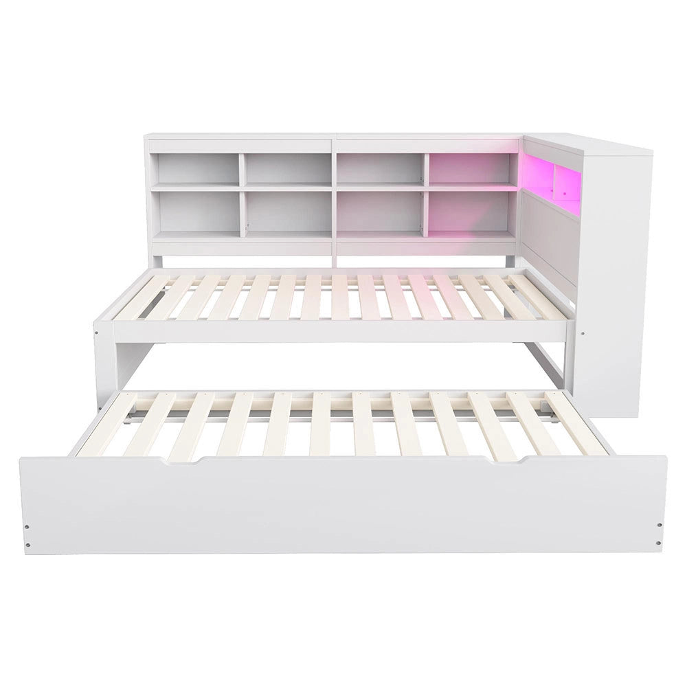 Divano in legno 90x200cm - Xylo - bianco, LED USB, scomparti, spazio