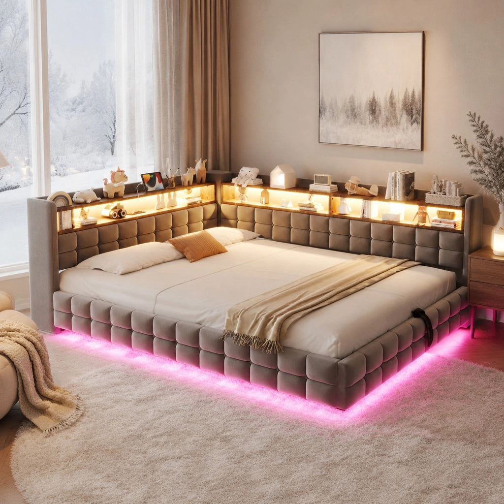 LETTO Divano imbottito 140x200 cm velluto grigio chiaro con contenitore e LED