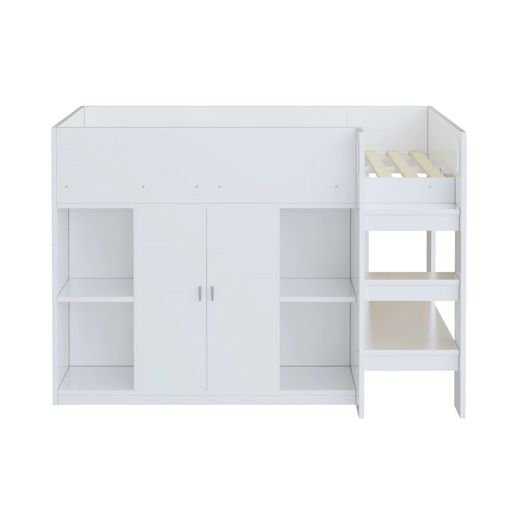 Hochbett 90x200 cm con scaffali, armadio e scala, bianco/grigio