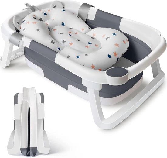 Bagnetto portatile con contenitore e cuscino di supporto per neonati e bambini piccoli - Grigio