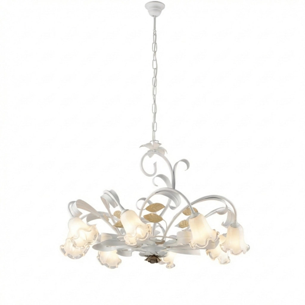 Lampadario Arte Povera Cesto Metallo Bianco E Oro 8 Luci E14