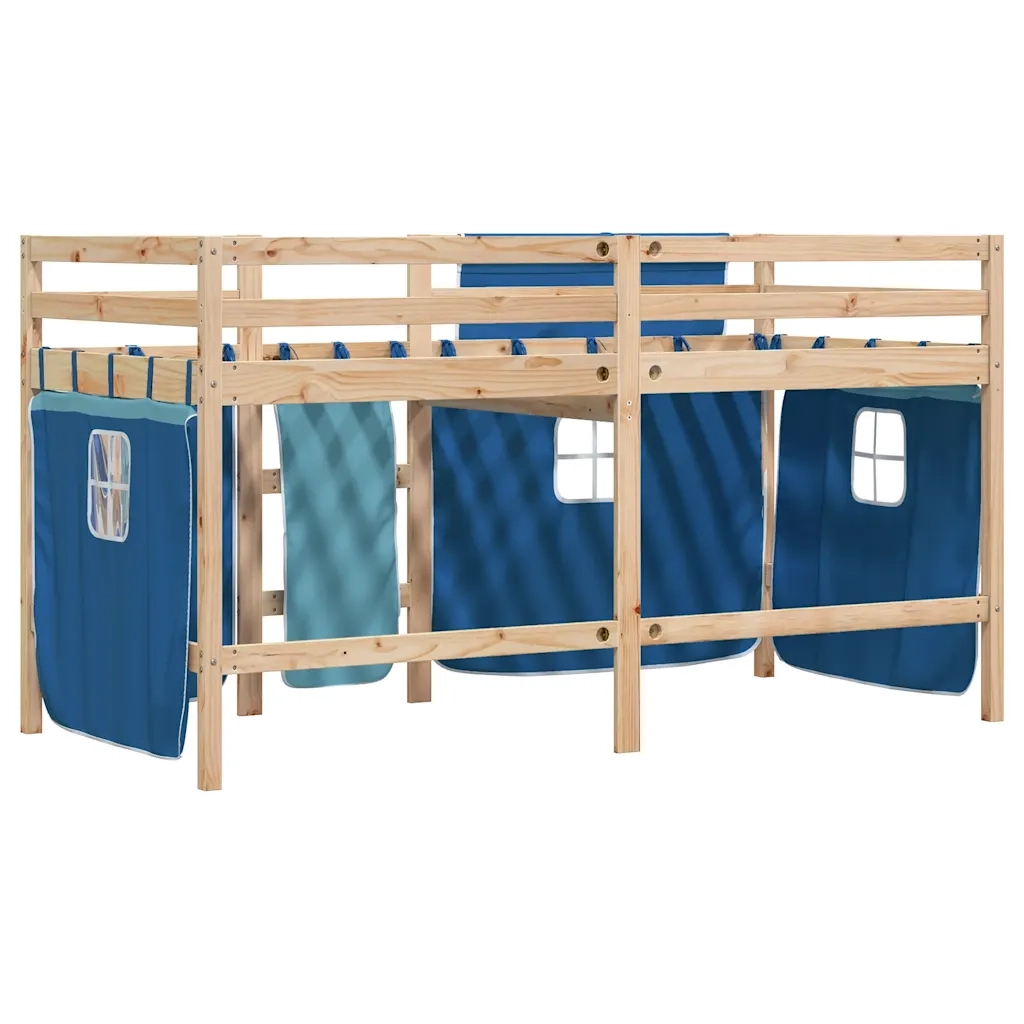 Letto a Soppalco Bambini con Tende Blu 90x190 cm Massello Pino