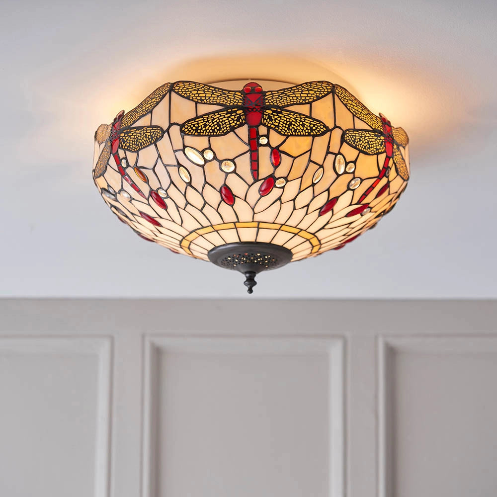 Plafoniera Tiffany vetro beige Libellule 2xE27 60W