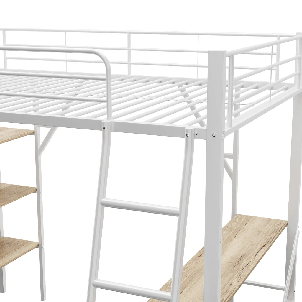 Letto a soppalco 90 × 200 cm con scrivania e tre ripiani in metallo e MDF bianco con scala fissa