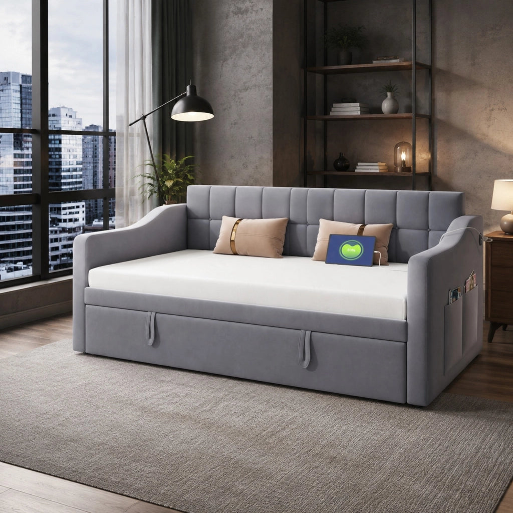 LETTO Estraibile 90x190 cm in Velluto Grigio con porte USB