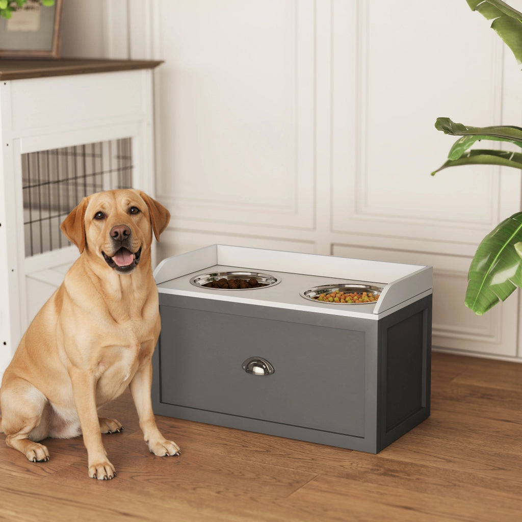 Porta Gamelle Elevato per Cani e Gatti ¨C Zephmum ¨C Bianco Grigio MDF Acciaio Inox