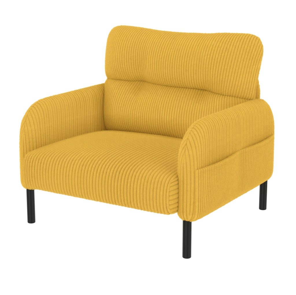 Set divano 3 pezzi in corduroy giallo con poltrona; pouf e divano 2 posti; 120 cm