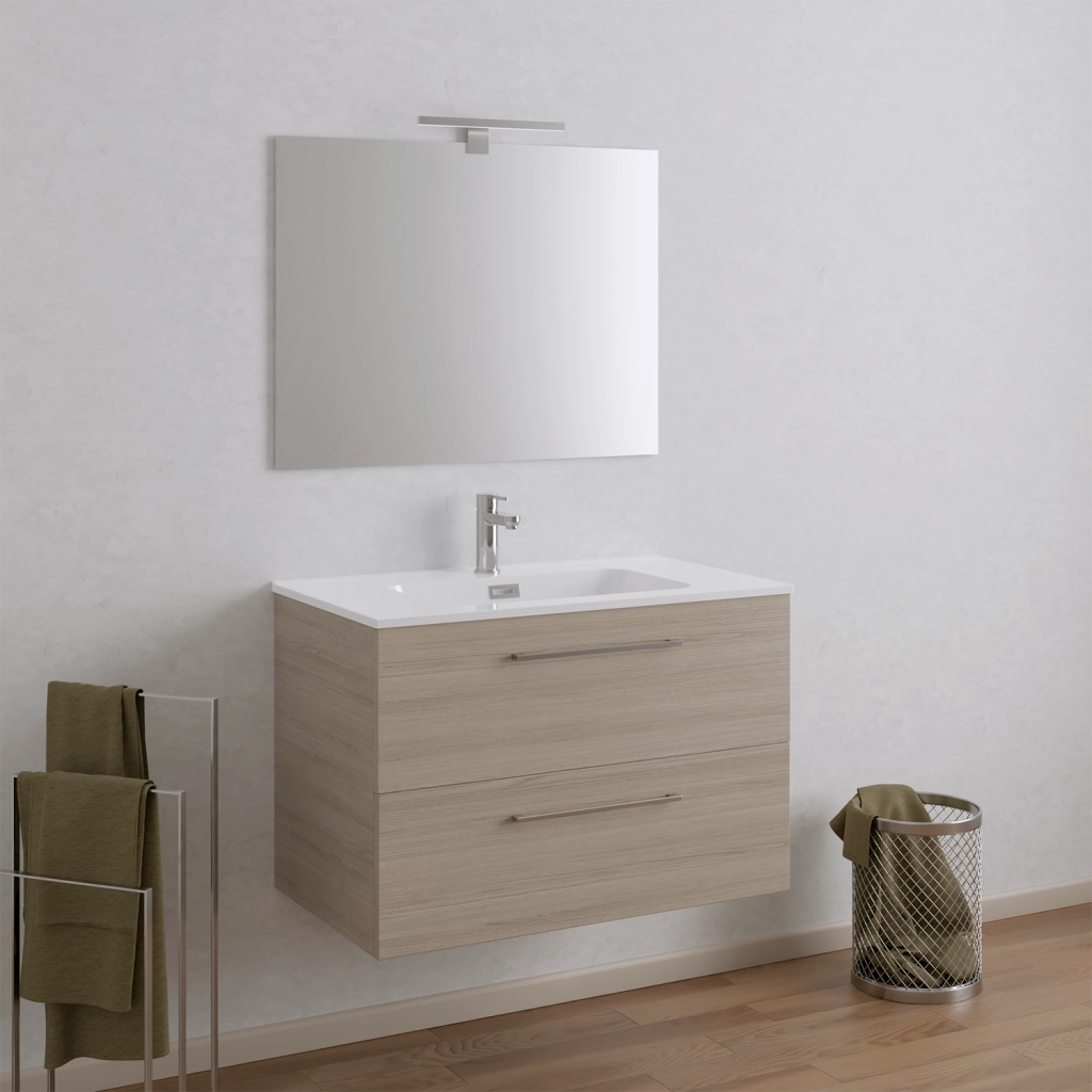 Mobile da bagno sospeso 100cm rovere chiaro con lavabo e specchio | Hana