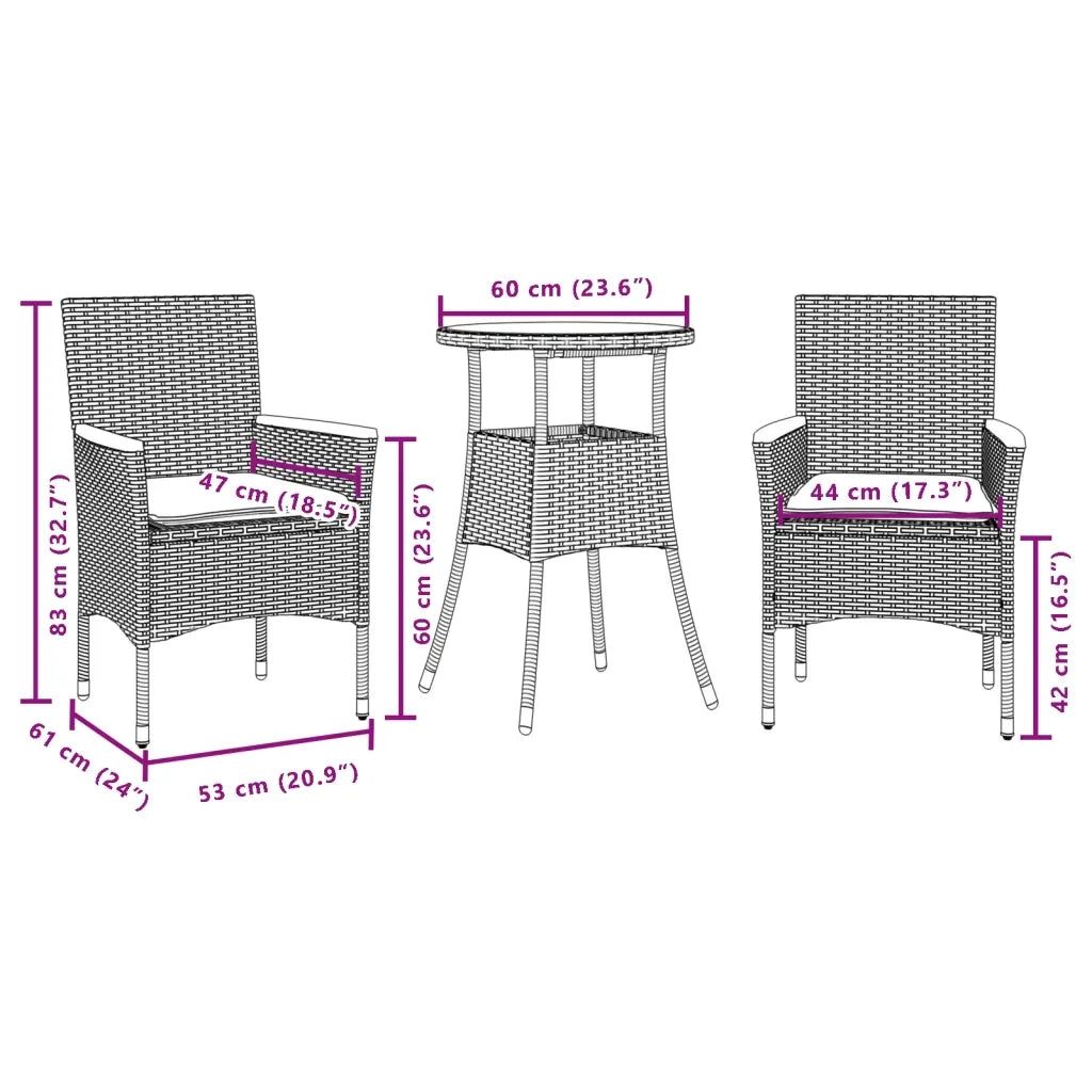 Set da Pranzo da Giardino 3pz con Cuscini in Polyrattan e Vetro 3278723
