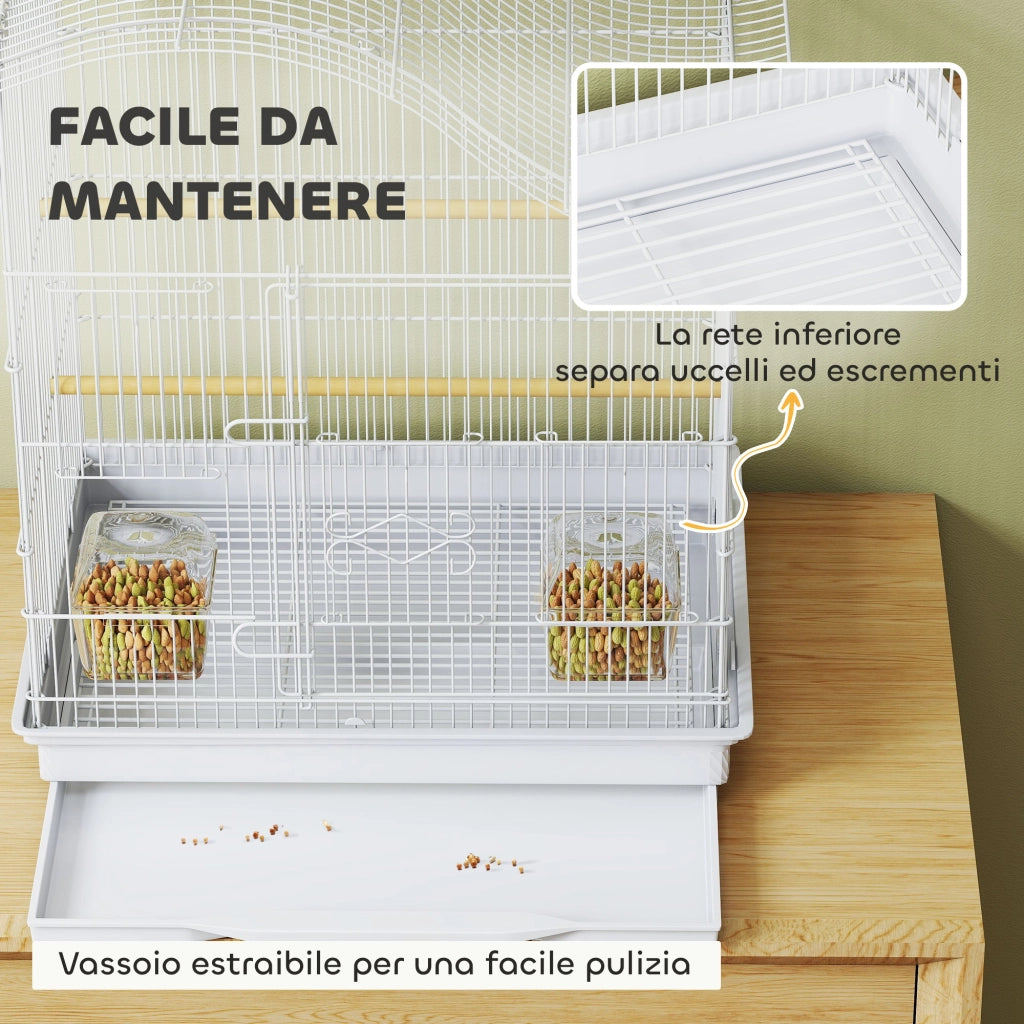 Gabbia per Uccelli a 4 Porte 47,5x36x54,5 cm con 2 Ciotole 2 Posatoi e Vassoio in Metallo e Plastica Bianco