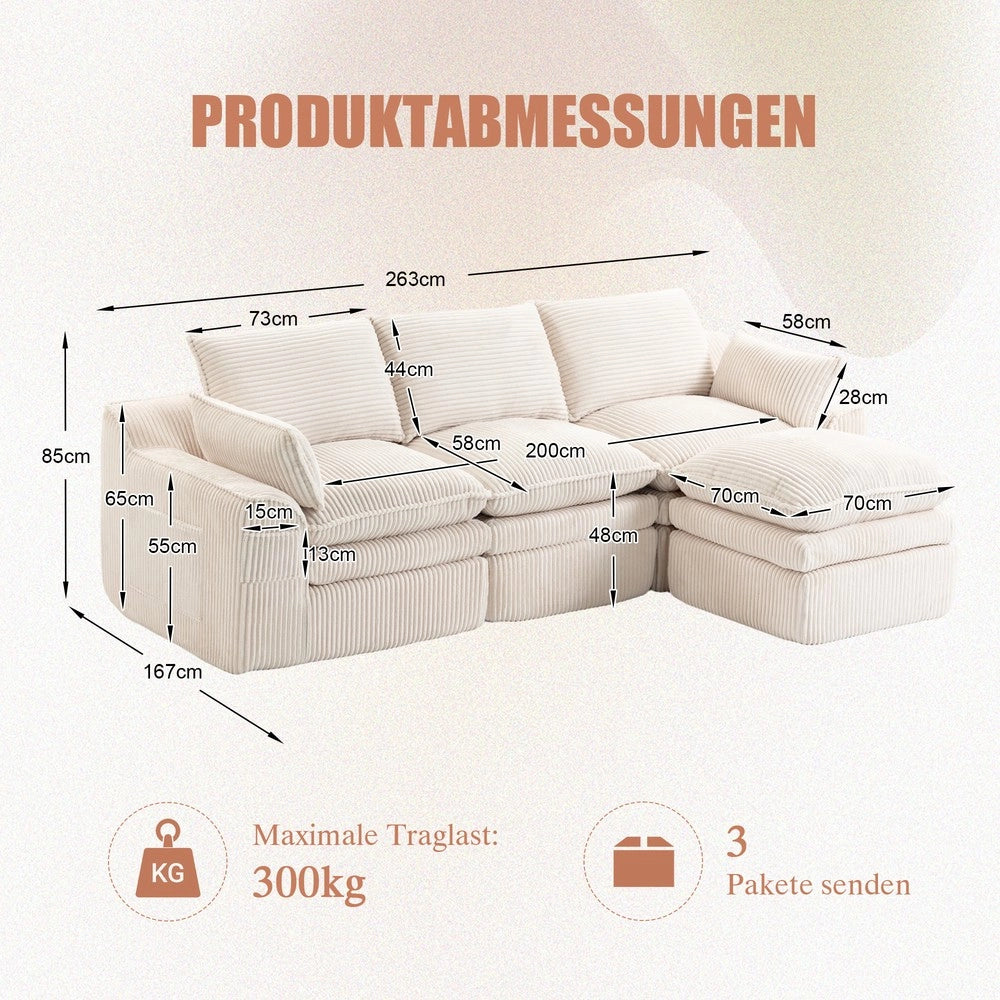 Divano modulare 3 posti con pouf - Zephmum - Beige - Cuscini e tasche laterali, schiuma a 3 strati