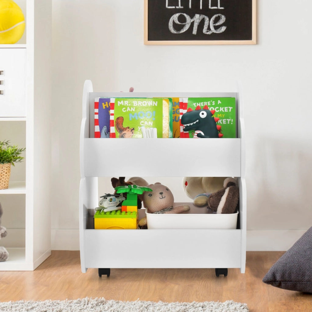 Libreria per bambini a 2 livelli con ruote aspetto adorabile e angoli arrotondati, Libreria bimbi spaziosa Bianco