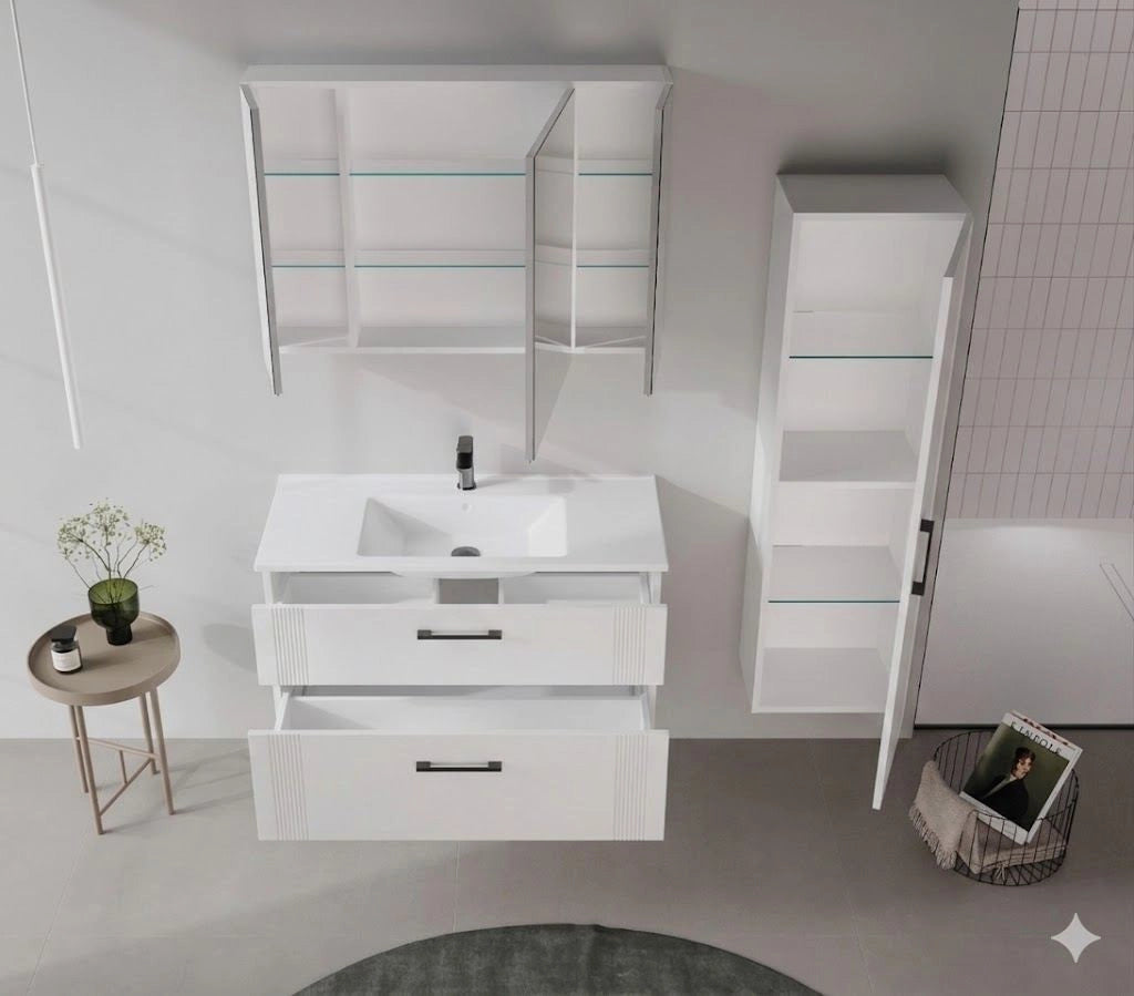 Mobile da bagno con specchio "Bari 100" - 97 x 16 x 66 cm - Bianco opaco