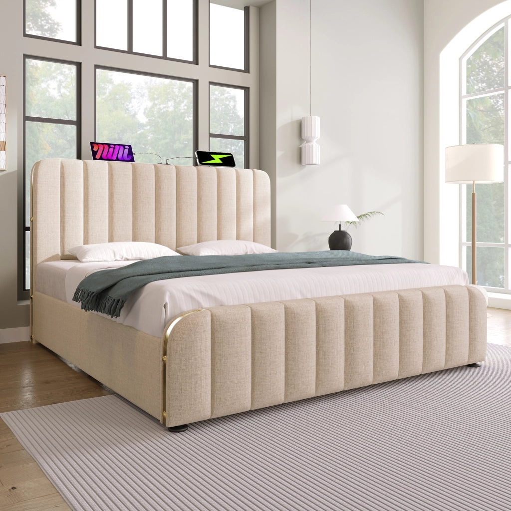 LETTO matrimoniale contenitore 140x200 cm beige in lino con USB e Type-C